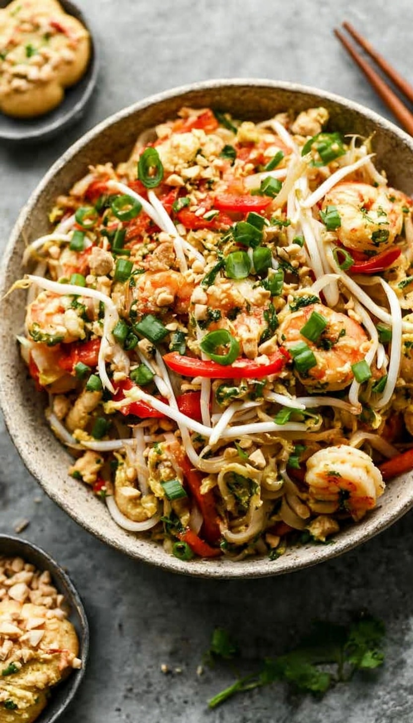 Easy Homemade Pad Thai with Shrimp, Tofu, and Fresh Vegetables Recipe - Recipe Image