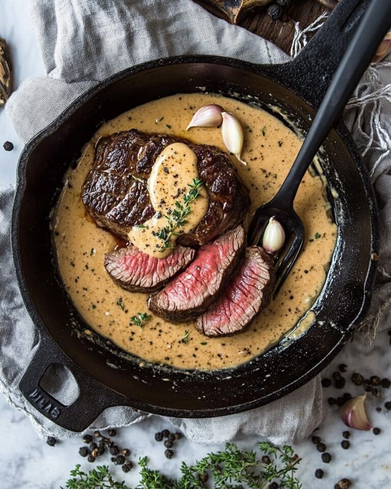 Cast Iron Bavette Steak with Whiskey Garlic Cream Sauce Recipe