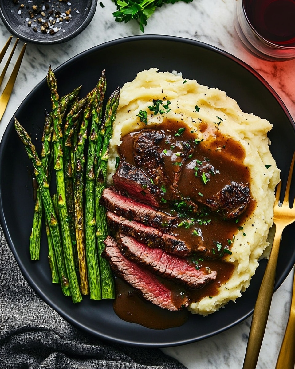 Bavette Steak with Roasted Garlic Pan Sauce, Fingerling Potatoes, and Asparagus Recipe - Recipe Image