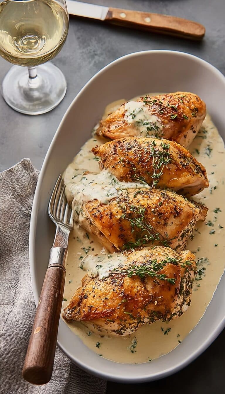 Herb Roasted Chicken in Creamy White Wine Sauce Recipe