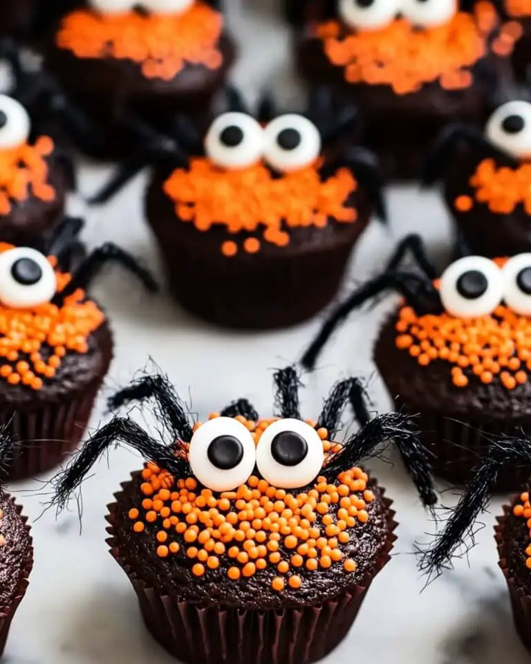 Spooky Spider Cupcakes with Candy Corn and Cinnamon Red Hot Accents Recipe