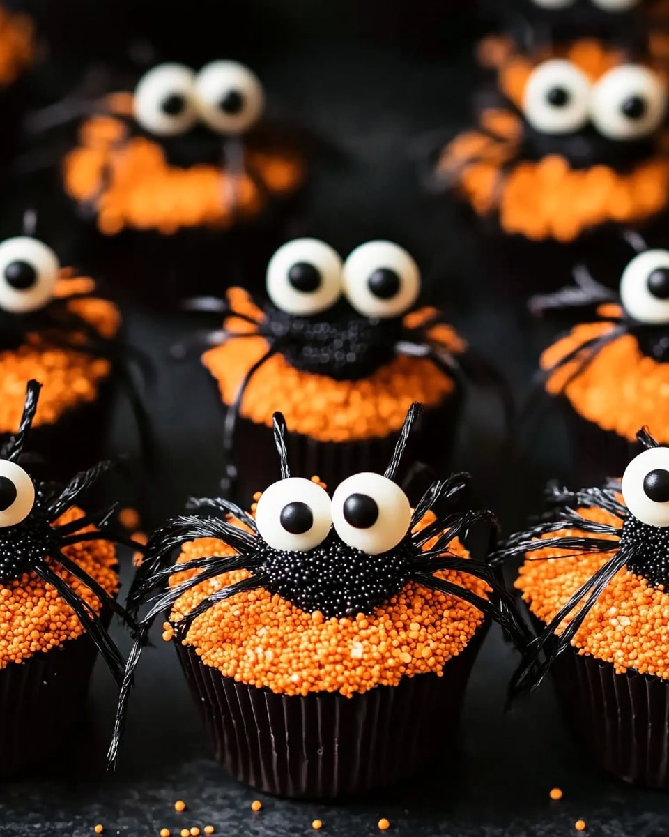 Spooky Spider Cupcakes with Candy Corn and Cinnamon Red Hot Accents Recipe - Recipe Image