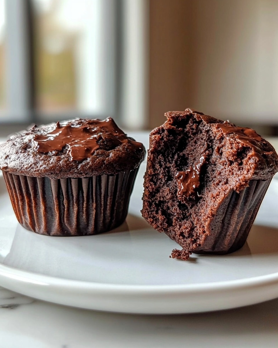 The image shows two chocolate muffins placed on a white plate with a smooth surface. One muffin is whole and wrapped in a dark brown paper liner with visible ridges, and the other muffin is broken in half, revealing a moist and rich dark brown interior with a soft texture. The top of each muffin has rough, uneven peaks and small pieces of melted chocolate embedded in the surface. The background is blurred with a warm light coming from a window on the left side, and the surface under the plate is a white marbled texture. photo taken with an iphone --ar 4:5 --v 6.1