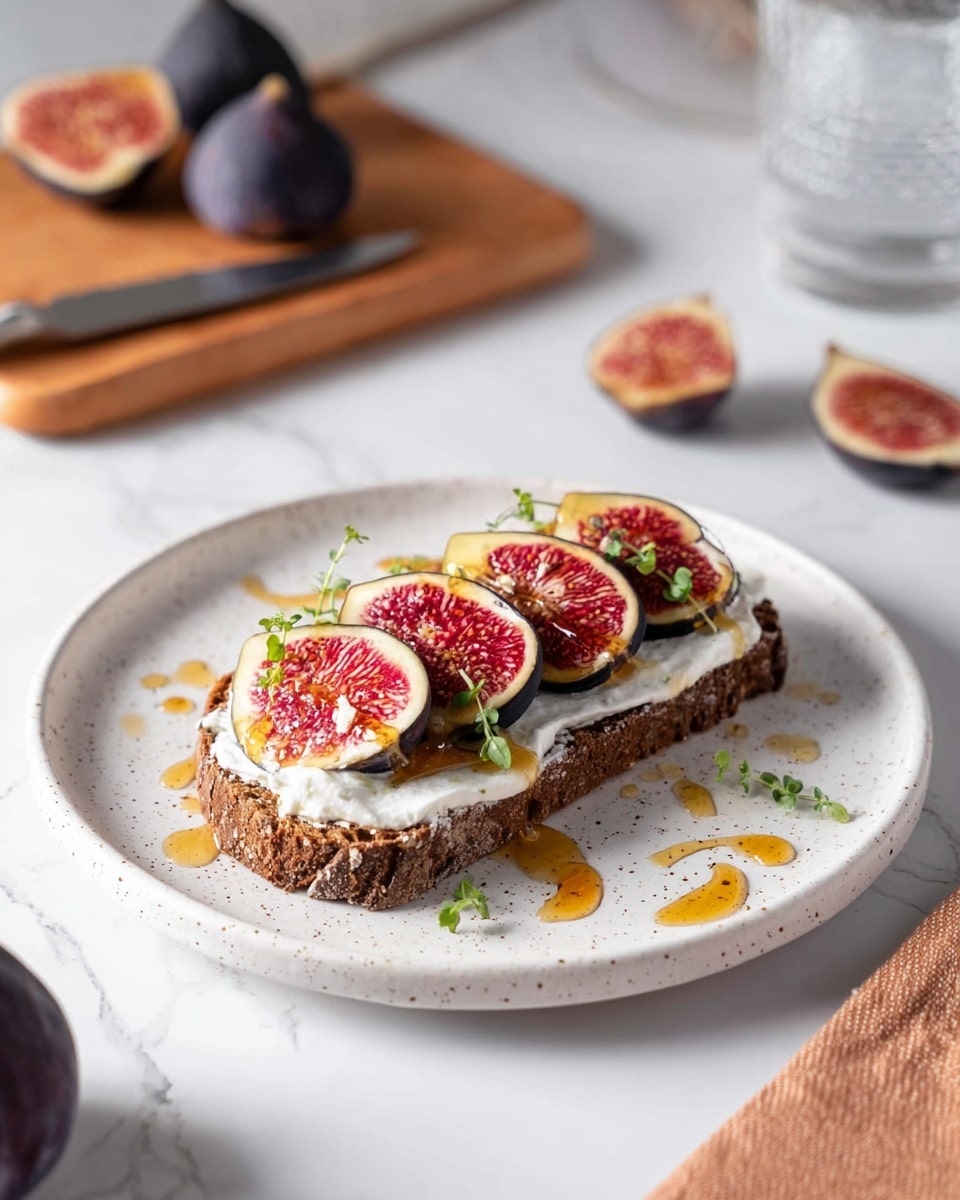 A single slice of dark brown toast sits centered on a white plate with small brown speckles. The toast is topped with a smooth white creamy layer, followed by four overlapping slices of fresh fig showing their deep red and purple inner flesh with tiny seeds. Small green herb leaves are scattered on top of the figs and cream. Drizzles of golden honey decorate the plate around the toast. The scene is set on a white marbled surface, with a knife above the plate, a glass of water to the right, a honey dipper with honey on the bottom left, and a wooden board with more fig slices on the upper left. A white cloth is at the bottom right corner. Photo taken with an iphone --ar 4:5 --v 7