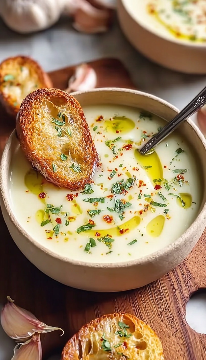 Comforting Garlic Soup with Sage and Garlic-Mayonnaise Recipe - Recipe Image