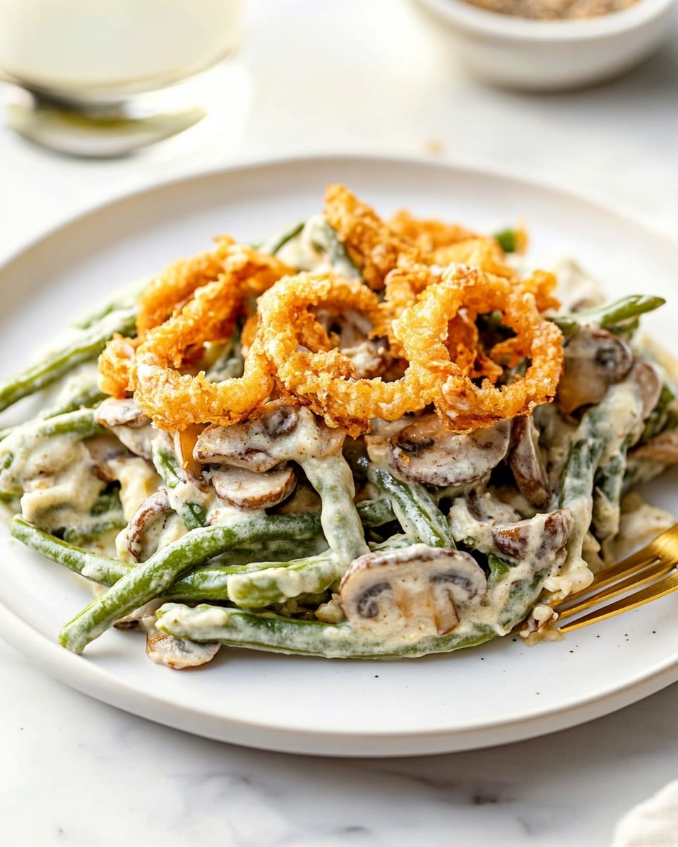 Creamy Green Bean Casserole with Mushrooms and Crispy Onions Recipe - Recipe Image