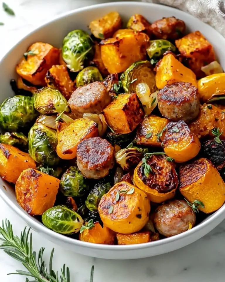 Harvest Sheet Pan Dinner with Chicken Apple Sausage, Sweet Potatoes, and Brussels Sprouts Recipe