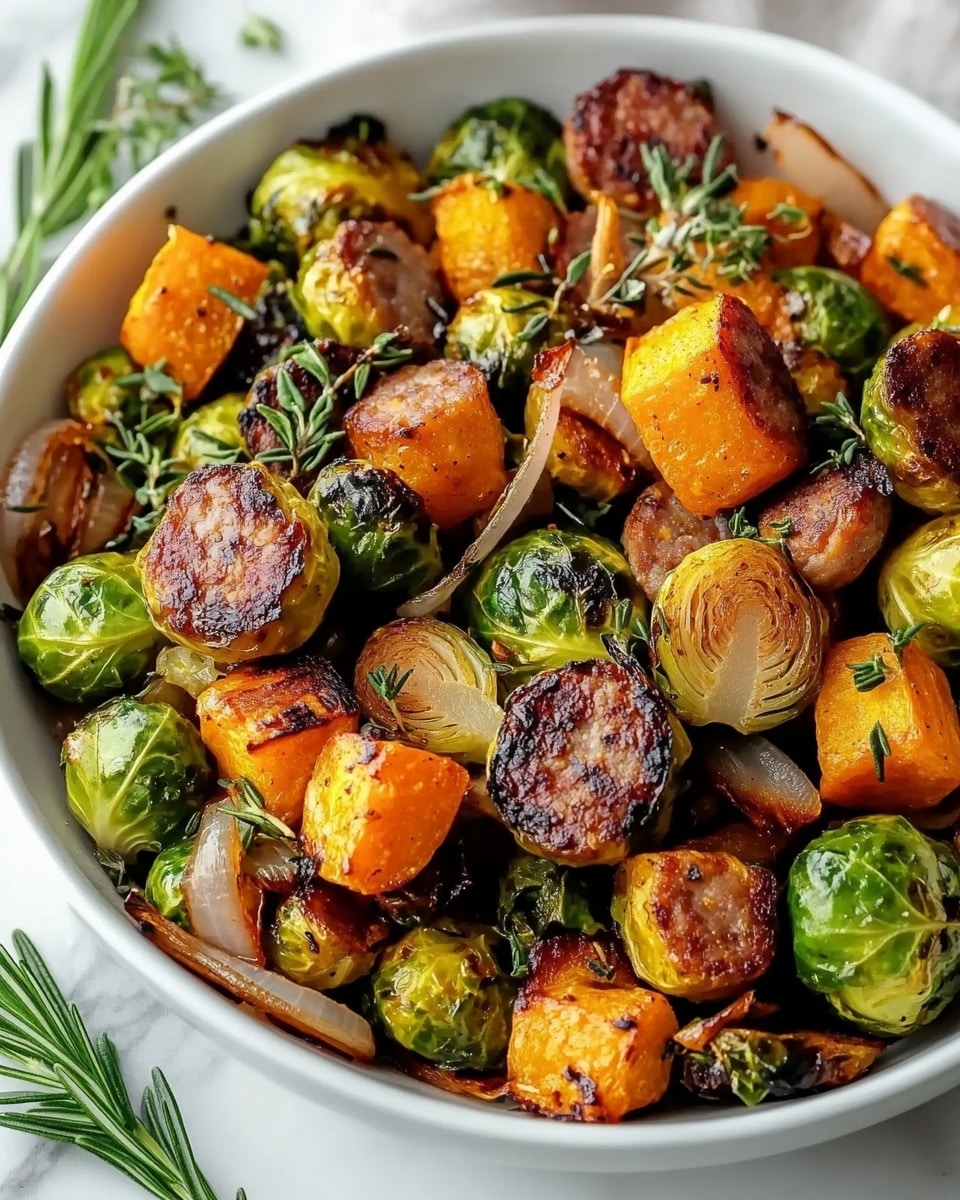 Harvest Sheet Pan Dinner with Chicken Apple Sausage, Sweet Potatoes, and Brussels Sprouts Recipe - Recipe Image