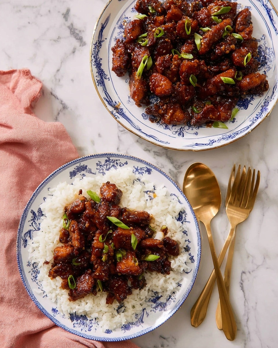 The image shows two white plates with blue floral patterns on a white marbled surface. The plate in the foreground holds a layer of fluffy white rice topped with a layer of dark brown glazed chicken pieces garnished with small green onion slices. The plate in the upper left corner is filled with just the glazed chicken pieces, scattered evenly and garnished similarly with green onions. To the right on the marble surface are two shiny gold serving spoons crossed over each other. A gold fork rests on a soft pink cloth near the bottom left of the photograph. Photo taken with an iphone --ar 4:5 --v 7