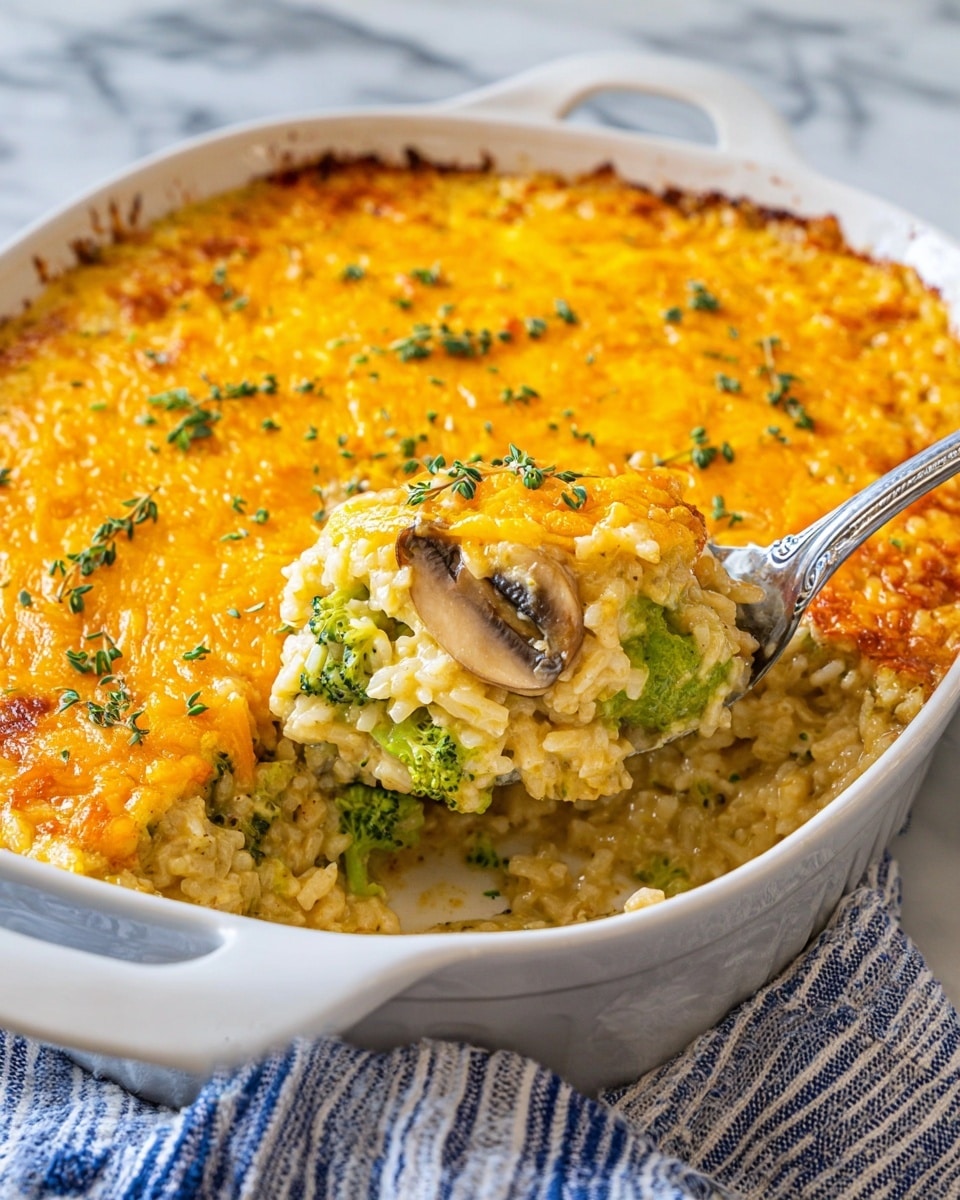 The image shows a close-up of a white casserole dish filled with a baked creamy rice and vegetable casserole. The top layer is a golden-brown melted cheese crust with small green herbs sprinkled over it. Underneath the cheese, the casserole has a creamy mixture with visible rice grains, bright green broccoli pieces, and light brown mushroom slices, with a soft, rich texture. A silver spoon is scooping out a portion from the corner, resting inside the dish. The casserole dish is placed on a white marbled surface with a blue and white striped cloth partly visible under the handle. Photo taken with an iphone --ar 4:5 --v 7