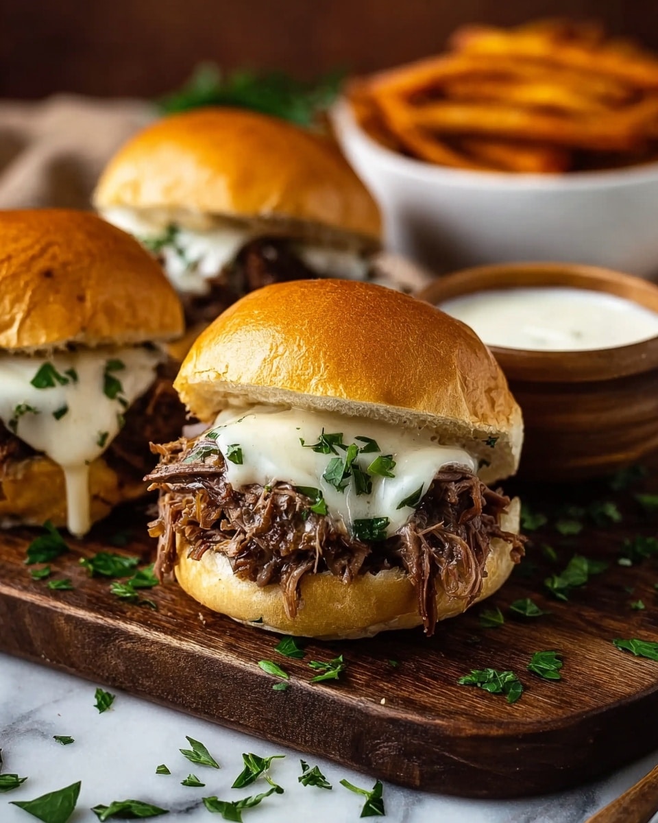 Three sandwiches sit on a dark wooden board with a white marbled surface below. Each sandwich has a golden-brown bun with soft shredded dark brown meat piled high and melted white cheese dripping from the bottom. Fresh green parsley is sprinkled on top of the buns and scattered around the board. In the background, there is a white bowl with creamy white sauce and orange fries. The photo taken with an iphone --ar 4:5 --v 7