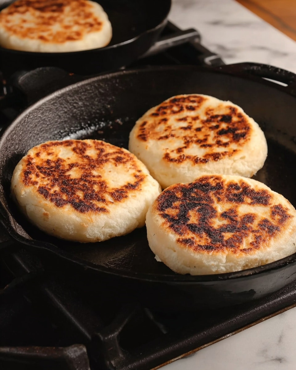 A person's hands hold a flat, round, stuffed bread that is split into two halves showing a soft, creamy filling inside. The bread has a golden-brown toasted crust with darker spots on its surface. Around the hands, there are four more of these round breads placed directly on a wooden cutting board with visible wood grain. The breads have a mix of light golden and dark brown toasted areas on top, showing a cooked texture. The background has a white marbled texture. photo taken with an iphone --ar 4:5 --v 7