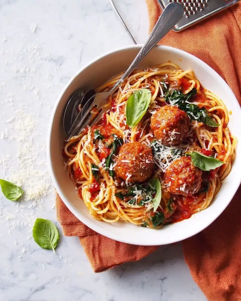 Chicken and Ricotta Meatballs with Spaghetti in Tomato Spinach Sauce Recipe