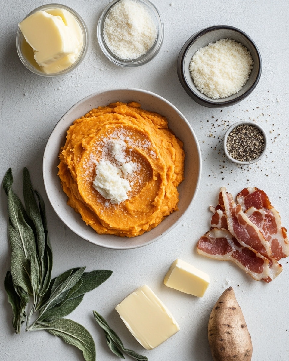 A white oval dish holds a layered casserole with two main visible layers. The bottom layer is a smooth, bright orange mash spread evenly across the dish. The top layer is a crumbly, golden-brown crust mixed with small bits of crispy reddish-brown pieces, such as bacon or similar, and green herbs scattered throughout. On top of the crumb topping, some whole green sage leaves are placed decoratively. The dish sits on a white marbled surface with a light gray cloth napkin on the side and a small white bowl with extra reddish-brown pieces blurred in the background. Photo taken with an iphone --ar 4:5 --v 7
