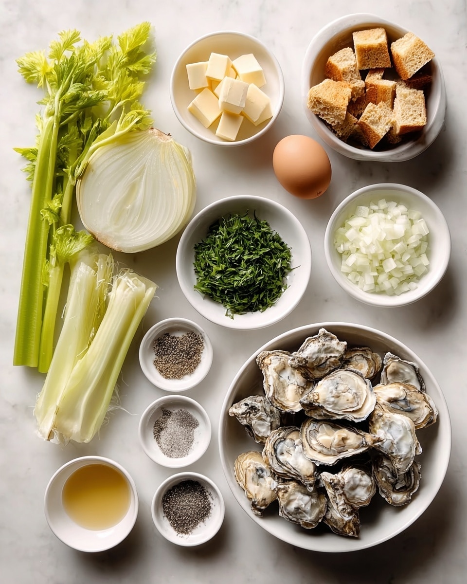 In this image, there are nine white bowls and plates arranged on a white marbled surface, each with different ingredients. In the largest white bowl, there are small, raw oyster meat pieces in creamy gray and white colors with some darker edges. Next to it, a white bowl is filled with bright green chopped parsley. Nearby, another white bowl contains pale yellow cubes of butter. Toasted bread cubes with a light golden-brown crust fill one bowl, showing a crisp texture. A bowl of light brown liquid sits beside them. Also present are two small bowls of ground black pepper, one with coarser and one with finer texture. A bunch of fresh celery sticks with green leaves is placed on the top left. Half of a white onion with soft white layers and a full brown egg complete the assortment. The overall setup shows fresh, raw ingredients in small, simple white containers. Photo taken with an iphone --ar 4:5 --v 7