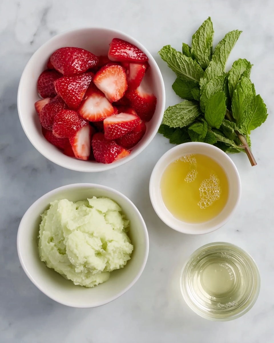 The image shows four white bowls and a small clear glass on a white marbled surface. One bowl is filled with bright red strawberry halves, showing their juicy texture. Another bowl holds pale green, soft-looking mashed or pureed substance. The third bowl contains a thick yellowish liquid that looks smooth and glossy. Fresh green mint leaves are placed neatly to the side, with their veined texture visible. The small clear glass is filled with a light pale liquid. The photo taken with an iphone --ar 4:5 --v 7
