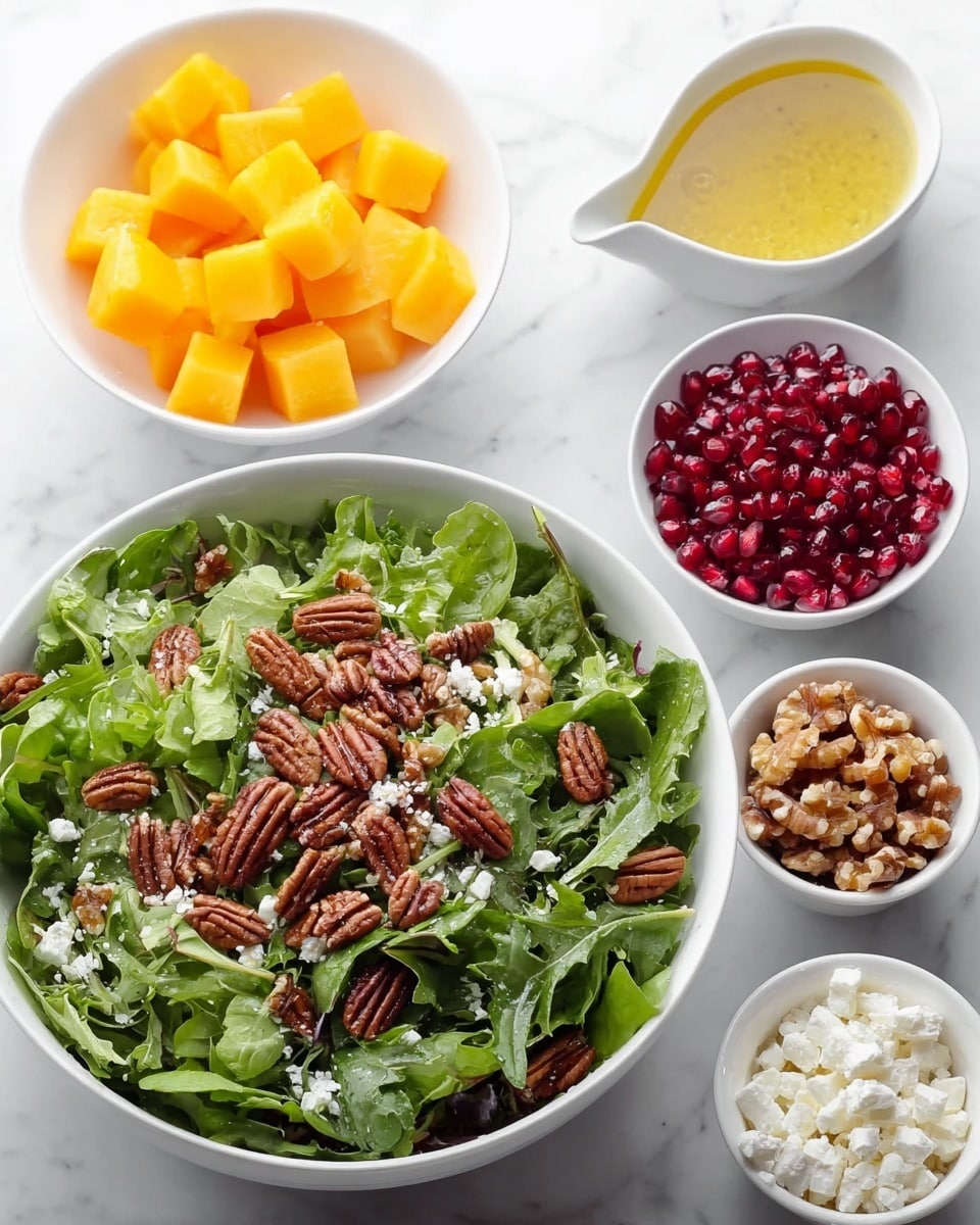 A white bowl filled with fresh green salad leaves, including spinach and mixed greens, topped with scattered pecan halves in light brown and textured form; surrounding it are five small white round bowls arranged on a white marbled surface, holding bright yellow cubed fruit, shiny red pomegranate seeds, crumbly white cheese, a mix of whole walnut pieces in light to medium brown, and a golden yellow dressing with a slightly grainy texture. The setup is clean and fresh, showing the different colors and textures clearly. photo taken with an iphone --ar 4:5 --v 7