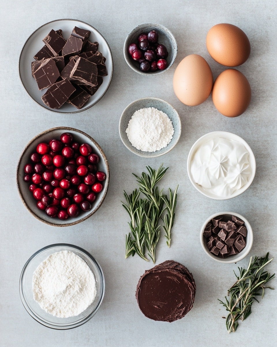 The image shows a chocolate Yule log cake on a white plate with a detailed edge, placed on a white marbled surface. The cake has two main layers: a light brown rolled sponge cake filled with a creamy chocolate mousse swirl inside, and a dark, smooth chocolate frosting covering the outside. The top frosting is decorated with textured lines to look like tree bark. Around the cake, there are clusters of red sugared cranberries, small white meringue cookies dusted with cocoa, and small green rosemary sprigs covered lightly with sugar, along with a brown pinecone adding a natural touch. The whole scene is dusted with powdered sugar for a snowy effect, photo taken with an iphone --ar 4:5 --v 7
