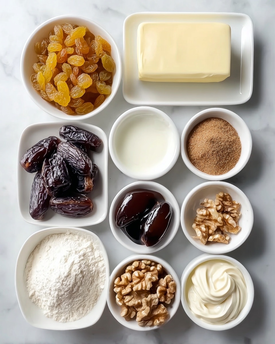 The image shows ten small white bowls or dishes arranged neatly on a white marbled surface. Starting from the top left, there is a bowl filled with light brown golden raisins with a wrinkled texture. To its right, a rectangular white dish holds a solid block of pale yellow butter. Below the golden raisins, a bowl contains dark brown raisins with a shiny, slightly wrinkled look. Next to this, a small pouring bowl is filled with white liquid cream. To its right, a small bowl holds five dark brown dates with a glossy wrinkled surface. Below the dark raisins, another small bowl stands with dark brown liquid vanilla extract. Next to this is a bowl filled with coarse brown sugar. To the right, a bowl contains light brown walnut pieces with rough, irregular shapes. At the bottom left, there is a bowl full of white flour with a powdery texture. Finally, at the bottom right, a bowl holds thick white cream, swirled softly. All bowls are seen clearly from a top view. Photo taken with an iphone --ar 4:5 --v 7