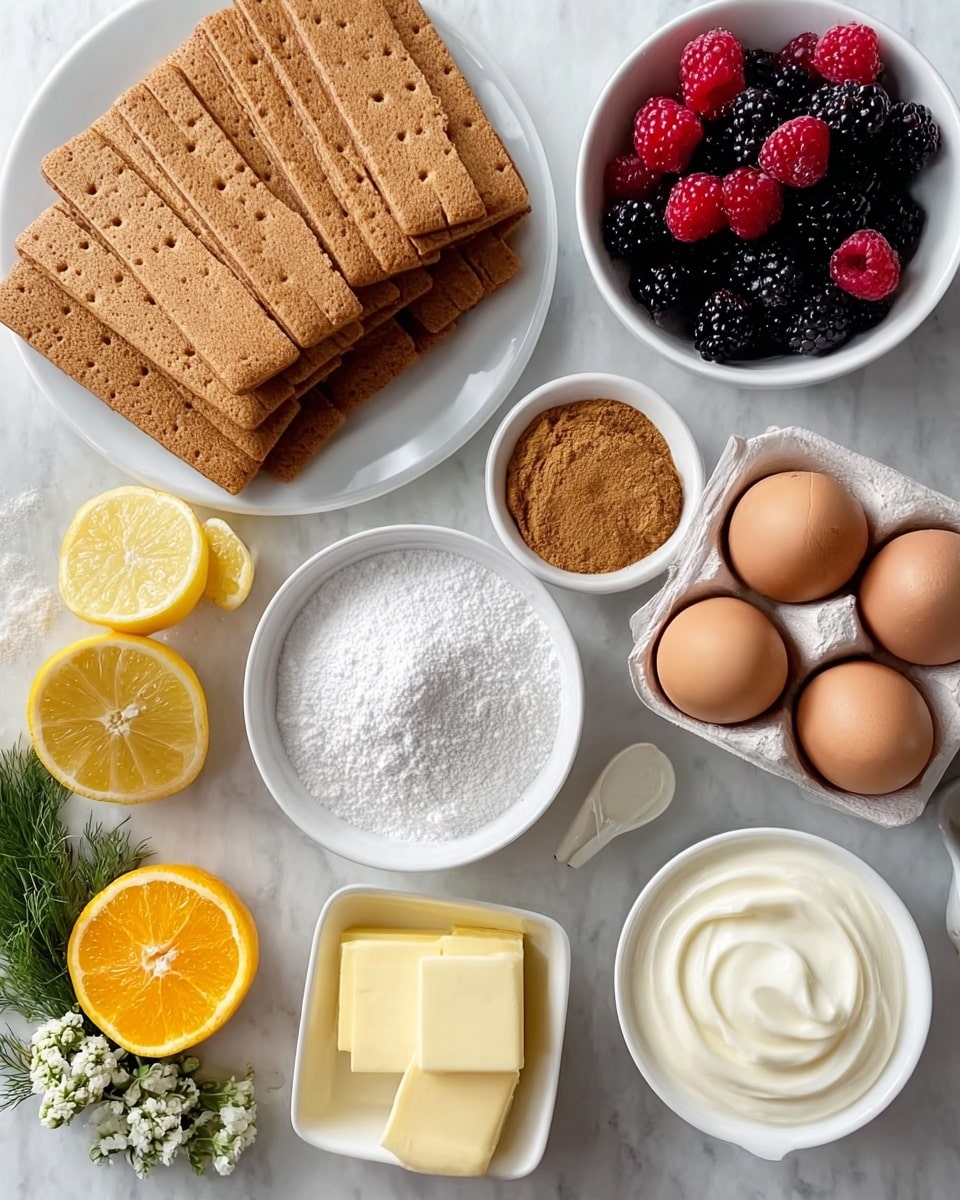 The image shows an arrangement of baking ingredients on a white marbled surface. On the top left, there is a white round plate filled with rectangular light brown crackers, stacked unevenly. Below it is a white round bowl full of fine white powder. To the right of this bowl is a small white round dish with light brown powdered spice. Next to it are two small white round dishes, one with salt and the other empty. At the center right is a white bowl with fresh blackberries and raspberries, shiny and plump. On the top right, a white egg tray holds four brown eggs. There is a stray red strawberry beside the egg tray. Three lemon slices, yellow with visible texture, are scattered near the center and top. At the bottom right, a white rectangular plate holds a rectangular block of pale yellow butter with textured ridges. To the bottom left is a white round bowl containing thick, creamy white yogurt with smooth swirls on top. Some green rosemary sprigs lay around the ingredients adding a fresh green touch. The photo taken with an iphone --ar 4:5 --v 7