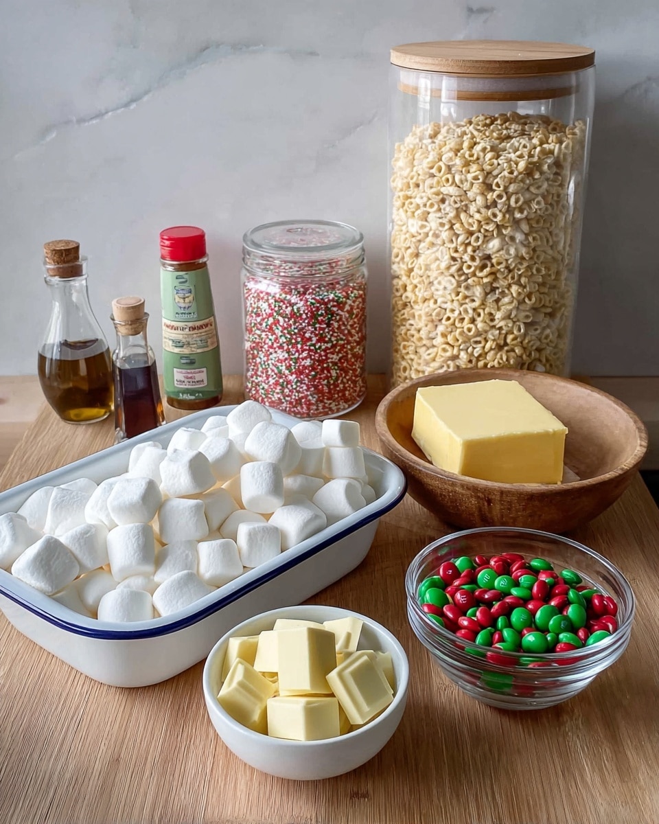 The image shows a wooden surface with six groups of ingredients arranged neatly. On the left, a white rectangular container with a blue trim is filled with round, white marshmallows. Behind it, there is a large clear jar with a wooden lid filled with light beige puffed rice. In the middle, a small dark glass bottle with a white cap, labeled vanilla essence, and a small round container of colorful sprinkles with a silver lid are placed close together. On the right, a small white plate holds several pieces of pale yellow white chocolate squares, next to a small dark brown bowl with a thick yellow block of butter. In front of them is a clear round bowl filled with red and green candy-coated chocolates. All items sit on a wooden surface with a plain light wall background. photo taken with an iphone --ar 4:5 --v 7