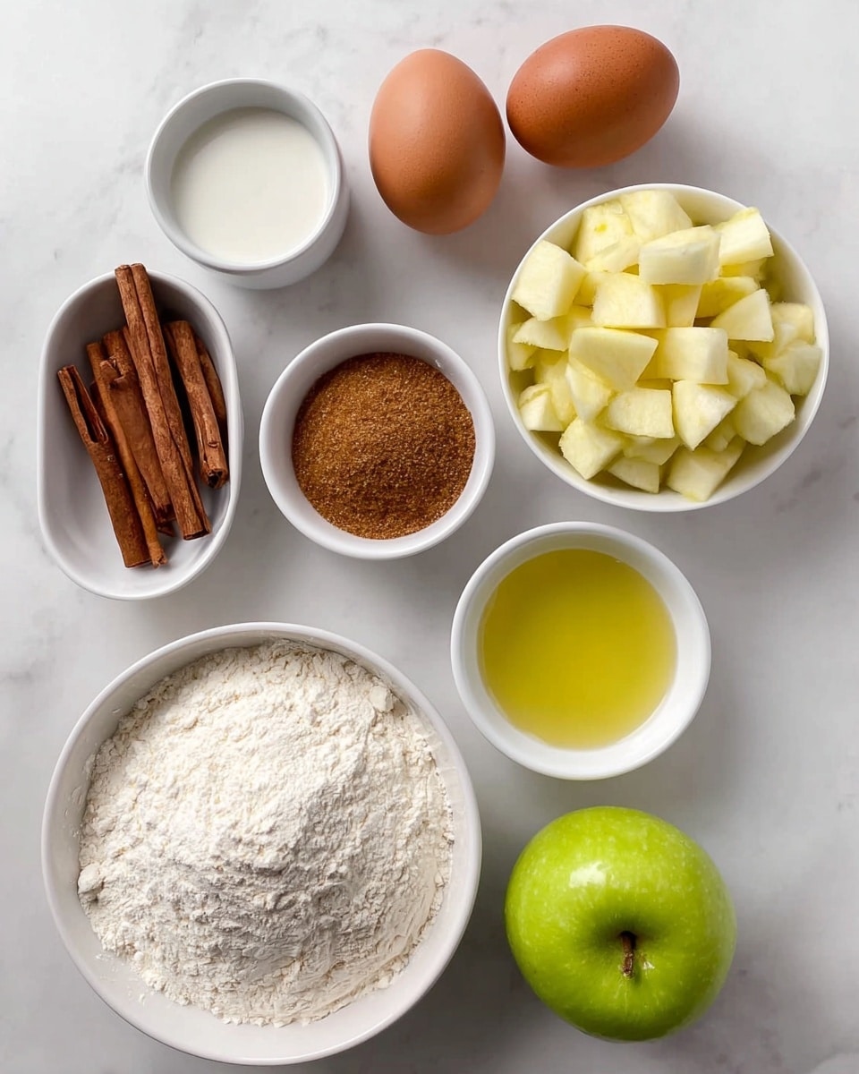 The image shows a top view of ingredients neatly arranged on a white marbled surface. There are three brown eggs on the top left. To their right, there is a white bowl filled with apple pieces. Below the apples is a white bowl of brown sugar, next to a smaller white bowl filled with cinnamon sticks. At the bottom left, there is a large white bowl overflowing with flour. Above the flour is a white bowl filled with yellow liquid, likely melted butter. Near the center, a small white bowl has white powdered sugar, and next to it is a tiny white bowl containing a small amount of white liquid, possibly milk. At the bottom right is a fresh green apple. The colors range from warm browns and yellows to bright green and white, all set on the smooth white marbled background. photo taken with an iphone --ar 4:5 --v 7