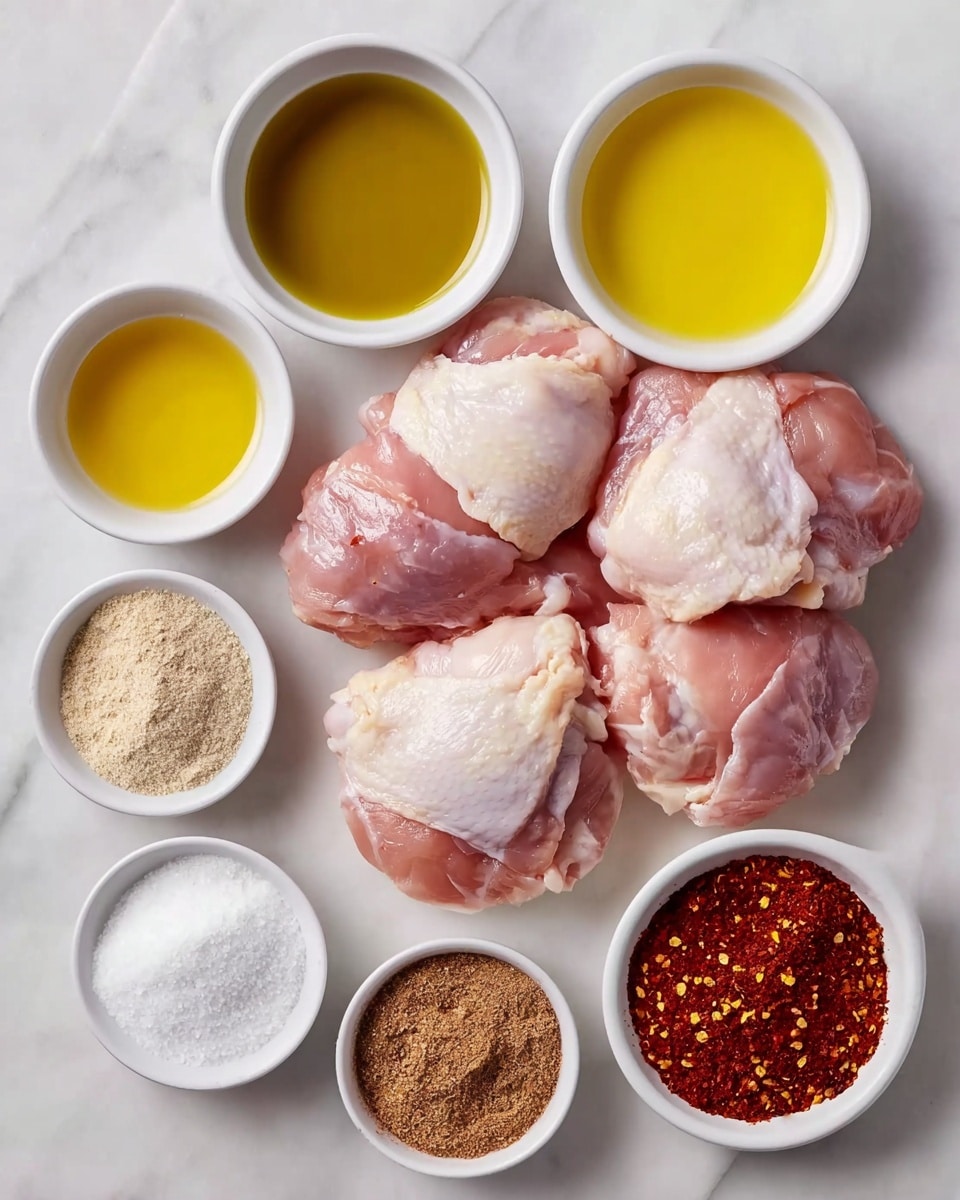 The image shows five raw chicken thighs placed in the center on a white marbled surface. Surrounding the chicken are seven small white bowls in a rounded arrangement, each with different ingredients: top left has a light yellow oil, top right shows white coarse salt, middle right contains a light beige powder, bottom right is filled with a dark red spice with yellow flakes, bottom center has a brownish spice, bottom left holds a light off-white powder, and middle left has a small glass bowl with a golden liquid. The colors vary from pale pink of the chicken to vibrant reds and yellows of the spices. The photo taken with an iphone --ar 4:5 --v 7