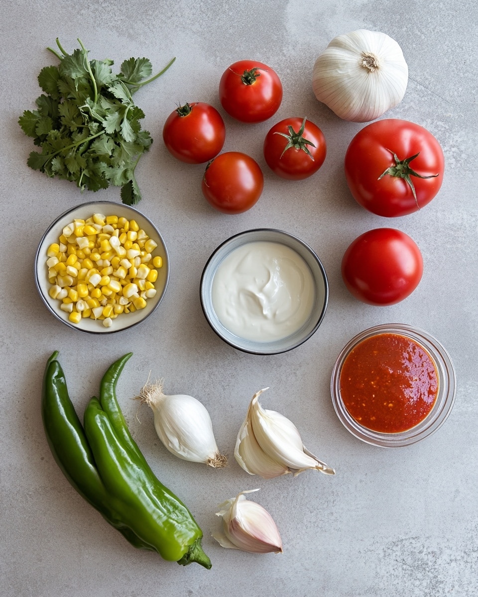 Two white bowls filled with rich red tomato-based soup that has visible chunks of chicken, corn, and tomato pieces. Each bowl is topped with a dollop of white sour cream in the center, bright green fresh cilantro leaves scattered around, several golden-brown crispy tortilla strips placed on top, and two green jalapeño slices resting on the sour cream. The bowls sit on a round brown plate with a wedge of fresh lime on the side. A silver spoon with some remnants of soup sits nearby, and a glass with a lemon slice and liquid can be seen in the top corner. The background is a white marbled surface. Photo taken with an iphone --ar 4:5 --v 7