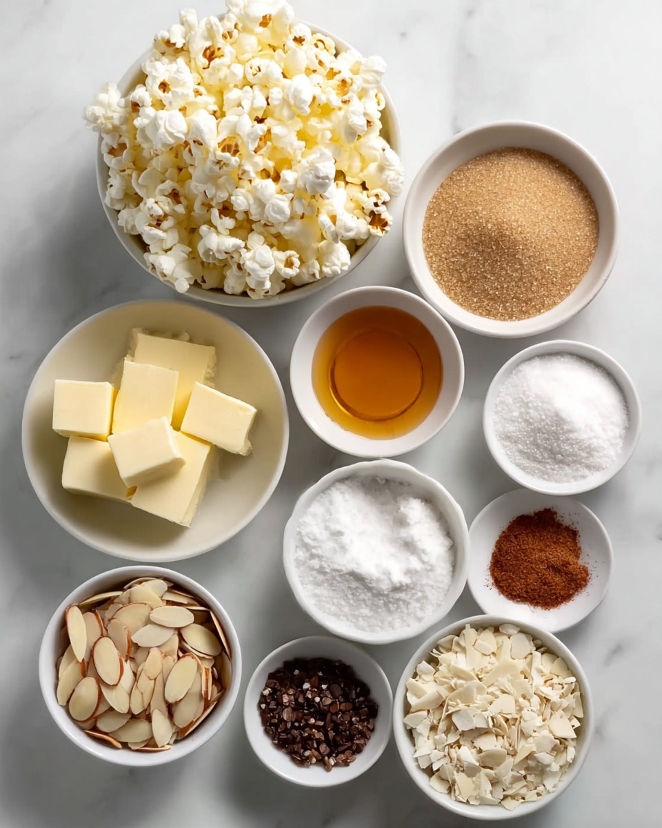 The image shows eight small white bowls arranged on a white marbled surface, each filled with different ingredients. Starting from the top left, there is a bowl piled high with fluffy white popcorn, next to it a bowl filled with light brown sugar grains. Below the popcorn is a bowl with pale yellow butter cubes stacked neatly. To the right of the butter is a small bowl of amber-colored liquid, likely syrup. Moving down, there is a bowl full of thin, light cream-colored almond slices. To the right of the almonds is a small bowl with brown cinnamon powder. Below it is a bowl containing dark brown cocoa powder with some texture. The lowest small bowl has a mix of white salt and ground brown spice. The bowls are placed close together in a casual but tidy arrangement. photo taken with an iphone --ar 4:5 --v 7