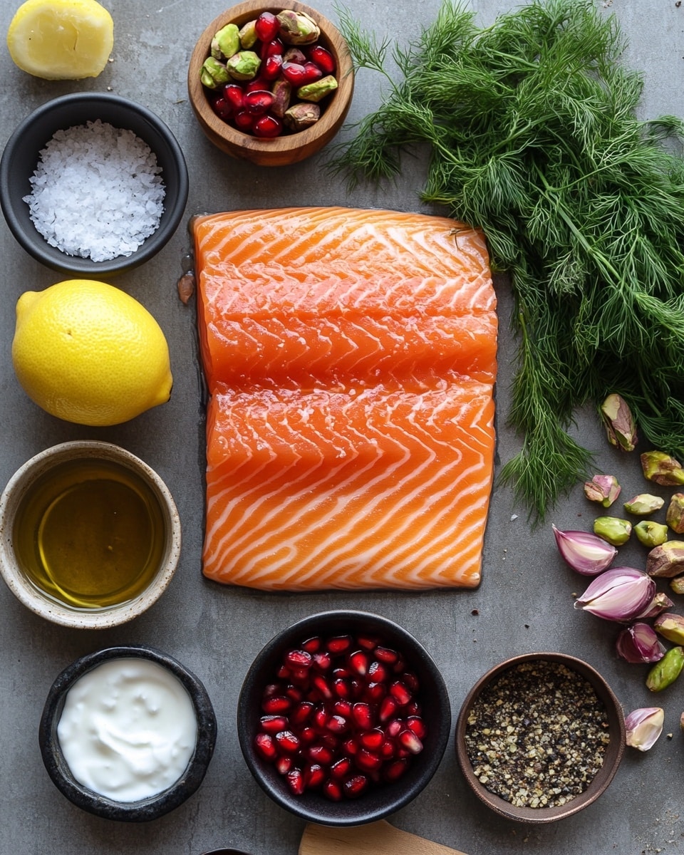 A large piece of cooked white fish fillet lies on crinkled white parchment paper on a gold baking tray, topped thickly with bright red pomegranate seeds, chopped green pistachios, and fresh sprigs of green dill scattered evenly across. Next to the fish, two halves of a pomegranate with shiny red seeds sit side by side. The surface beneath the tray is a white marbled texture. Photo taken with an iphone --ar 4:5 --v 7