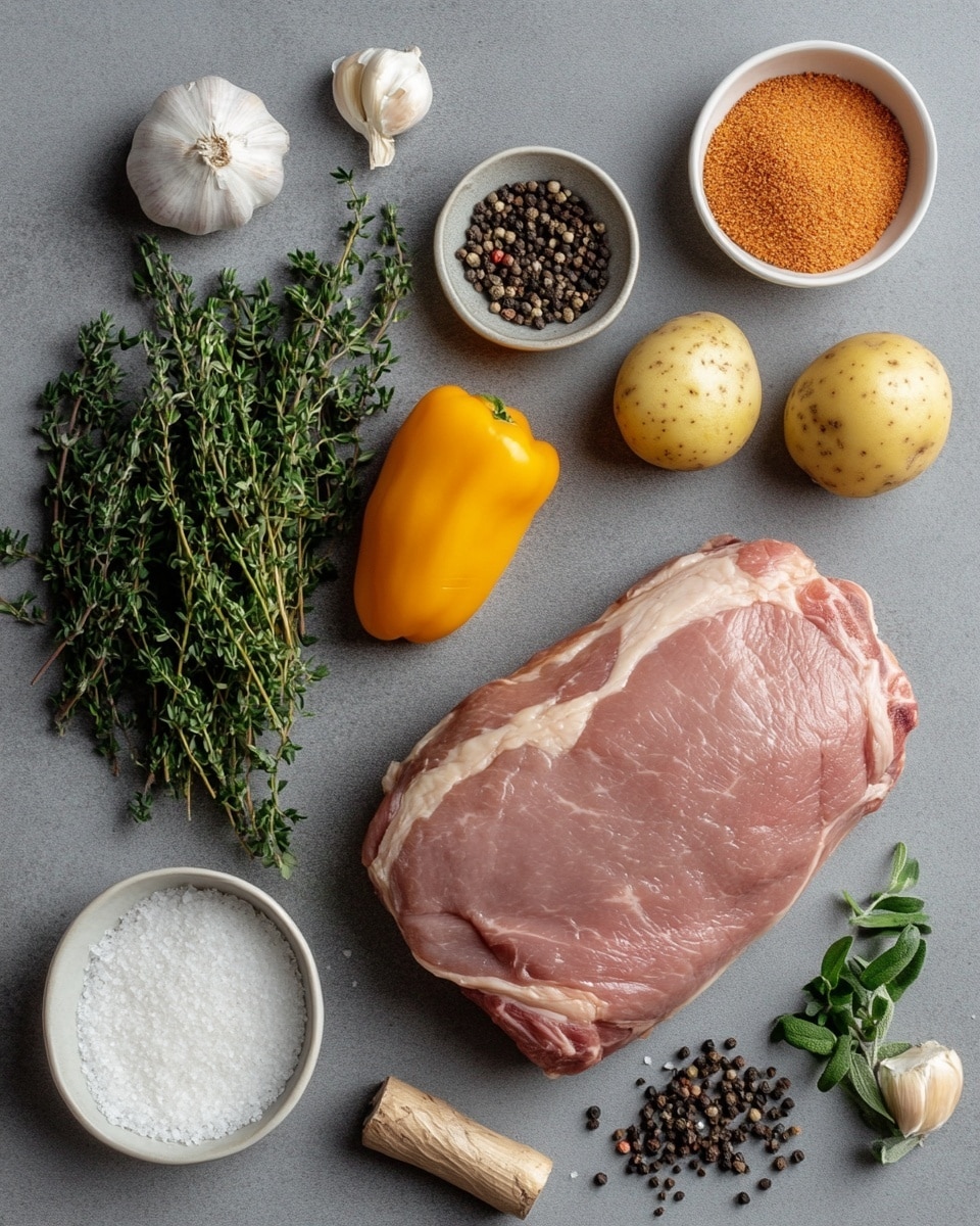 A white rectangular dish filled with roasted golden brown potatoes scattered on the bottom and right side, next to bright green broccolini on the top left and bottom right corners. In the center lies a large, thick piece of roasted meat with a crispy, deeply browned skin, topped with small sprigs of fresh green thyme. The meat is sliced at the front, showing tender, juicy, light brown flesh. The plate is placed on a wooden board, with a small bowl of light yellow sauce in the top background and a glass of white wine to the upper right. The surface beneath has a white marbled texture photo taken with an iphone --ar 4:5 --v 7