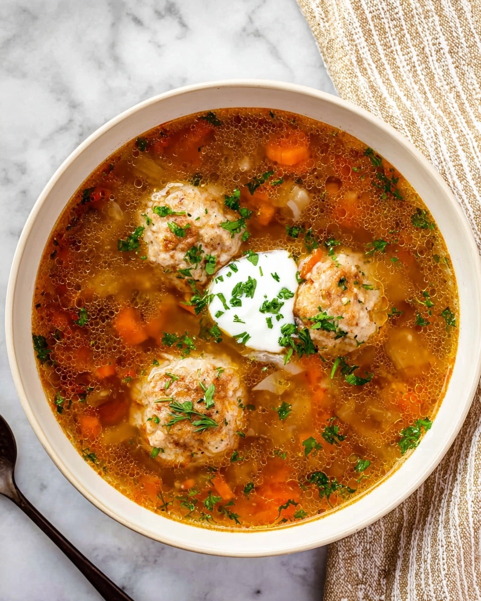 A white bowl filled with a warm, clear orange broth that has visible pieces of cooked carrots and herbs scattered throughout. In the center of the bowl, there are three light brown meatballs grouped together, topped with a dollop of white creamy sauce, and sprinkled with fresh green herbs. The bowl rests on a white marbled surface with a beige and white striped cloth towel partially visible on the top right corner. Photo taken with an iphone --ar 4:5 --v 7