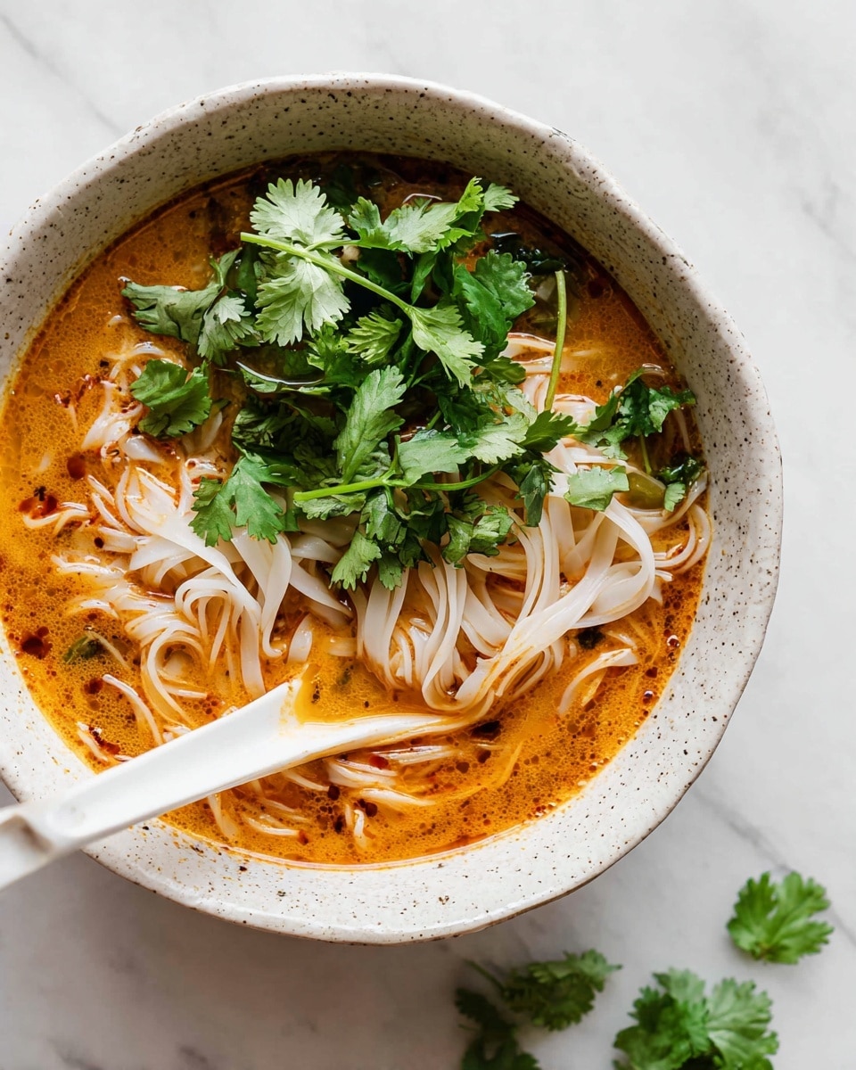 This image shows a white speckled bowl filled with three main layers: at the bottom, an orange creamy soup broth with specks of red and black seasoning; next, white flat noodles are loosely piled on one side, partially submerged in the broth; on top, bright green cilantro leaves spread across the noodles and soup. A white ceramic spoon rests inside the bowl on the bottom right, touching the noodles and broth. The bowl sits on a white marbled surface with a few scattered cilantro leaves nearby. Photo taken with an iphone --ar 4:5 --v 7