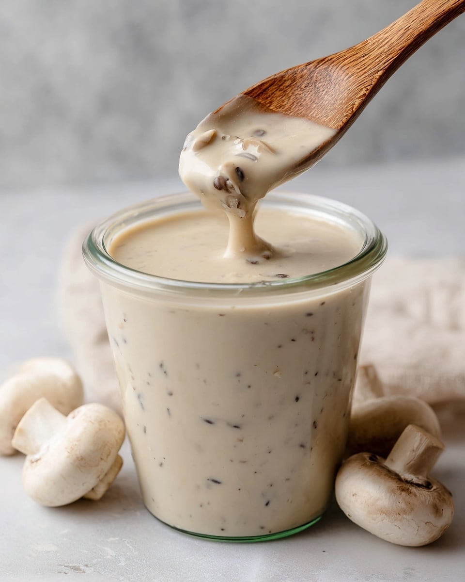 A clear glass jar filled with thick creamy mushroom sauce with a pale beige color and visible small chunks of dark brown mushrooms. A light beige spoon is lifting some sauce above the jar, showing the sauce’s smooth and rich texture with mushrooms. In the background, there are some whole mushrooms on a white marbled surface along with a white cloth with black text, softly blurred to keep focus on the jar and the spoon. The photo taken with an iphone --ar 4:5 --v 7