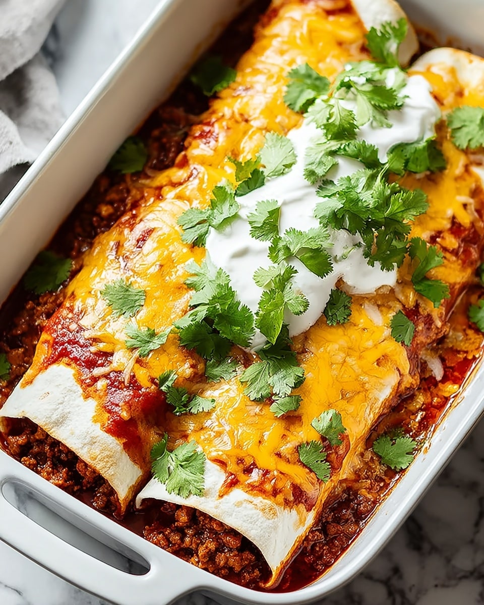 Two rolled tortillas filled with brown cooked meat and red sauce form the base in a white baking dish. On top, there is a thick layer of melted pale yellow and white cheese covering the tortillas. Dollops of smooth white sour cream lie along the center. Fresh, bright green cilantro leaves are sprinkled generously across the top. Small pieces of red tomatoes are scattered within the cheese layer, adding color. The dish rests on a white marbled surface. photo taken with an iphone --ar 4:5 --v 7