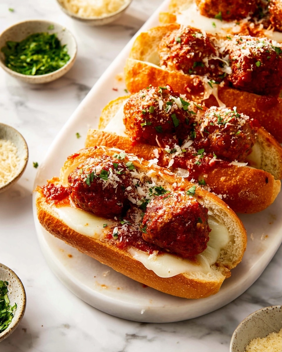 Four small rolls with a golden brown crust sit on a white plate, each filled with three round reddish-brown meatballs coated in bright red tomato sauce. A smooth, melted white cheese layer lines the inside of the rolls, visible beneath the meatballs. The meatballs are sprinkled with light-colored grated cheese and finely chopped green herbs. Around the plate, small bowls contain green herbs, some light yellow powder, and red chili flakes. The setting is on a white marbled surface. photo taken with an iphone --ar 4:5 --v 7