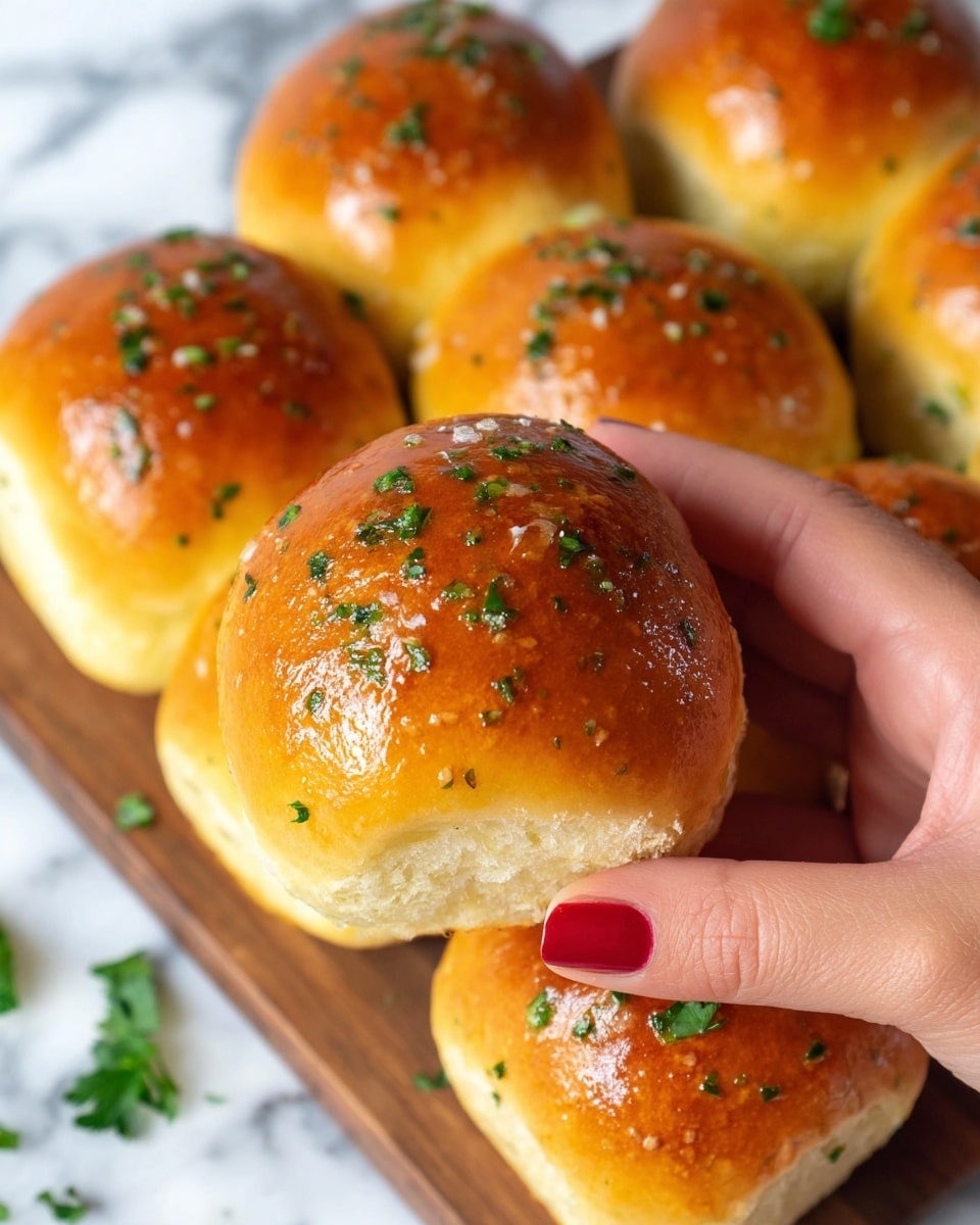 A close-up image of several shiny golden brown dinner rolls arranged closely on a wooden board, each roll topped with a light sprinkle of chopped green herbs and a slight gloss indicating butter or glaze; in the foreground, a woman's hand with red nail polish gently holds one roll, showing its soft, smooth surface and rich color against a white marbled background. photo taken with an iphone --ar 4:5 --v 7