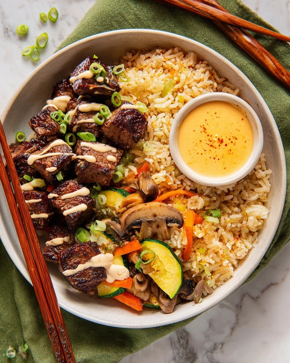 A white bowl holds four layers of food: on the left, dark brown grilled beef cubes with a few sesame seeds and drizzled with a light cream sauce, topped with small green onion pieces; below the beef, a mix of cooked vegetables including orange carrot slices, green zucchini, and tan mushrooms, also drizzled with cream sauce; on the right side, a pile of golden fried rice with small pieces of vegetables mixed in and garnished with chopped green onions; near the top right, a round small white bowl filled with smooth orange sauce. A pair of brown wooden chopsticks rest on the bowl's edge, placed diagonally across the beef. The bowl sits on a dark cloth over a white marbled surface. Photo taken with an iphone --ar 4:5 --v 7