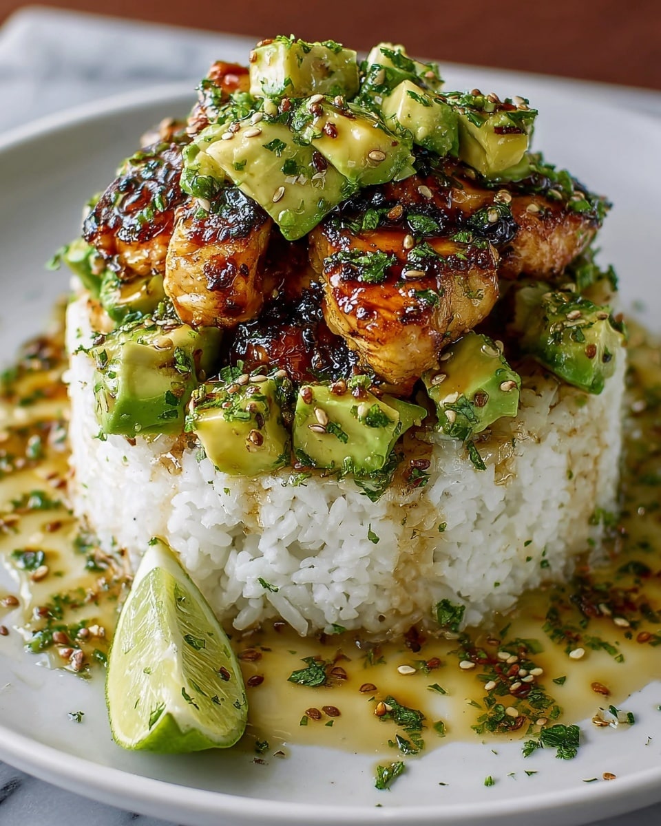 A round, thick layer of white rice forms the base on a white plate, topped with caramelized, browned chicken pieces scattered evenly. Above the chicken is a chunky layer of diced avocado mixed with finely chopped green herbs, giving a fresh, vibrant look. The dish is drizzled with a glossy brown sauce that pools around the rice on the white plate, sprinkled with bits of sesame seeds and chopped herbs. A small wedge of lime sits on the side, and the entire scene is set on a white marbled surface. photo taken with an iphone --ar 4:5 --v 7