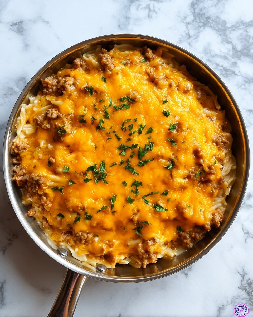 A round metal pan holds a layered dish with three main layers. The bottom layer is a mix of small white noodles and ground meat with a light brown color and soft texture. The middle layer is similar meat and noodle mix, blending smoothly with the bottom. The top layer is melted bright orange cheese spread evenly over the dish, with some darker melted spots. Small chopped green herbs are sprinkled on top as a garnish. The pan is placed on a white marbled surface. photo taken with an iphone --ar 4:5 --v 7