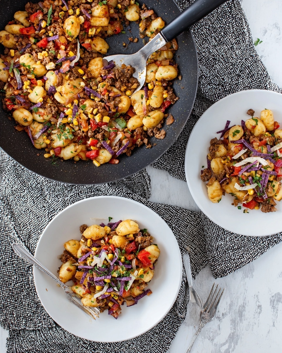 The image shows a black pan filled with a colorful dish that includes light yellow gnocchi, small yellow corn kernels, brown minced meat, and red diced pieces, all mixed with chopped green herbs. On top, there are thin strips of red, white, and purple crispy tortilla chips scattered around. Two white plates nearby each have a serving of the same dish, placed on a gray patterned cloth on a white marbled surface. One plate has a silver fork resting on its edge, and a spatula with a black handle is inside the pan, partially scooping the food. Photo taken with an iphone --ar 4:5 --v 7