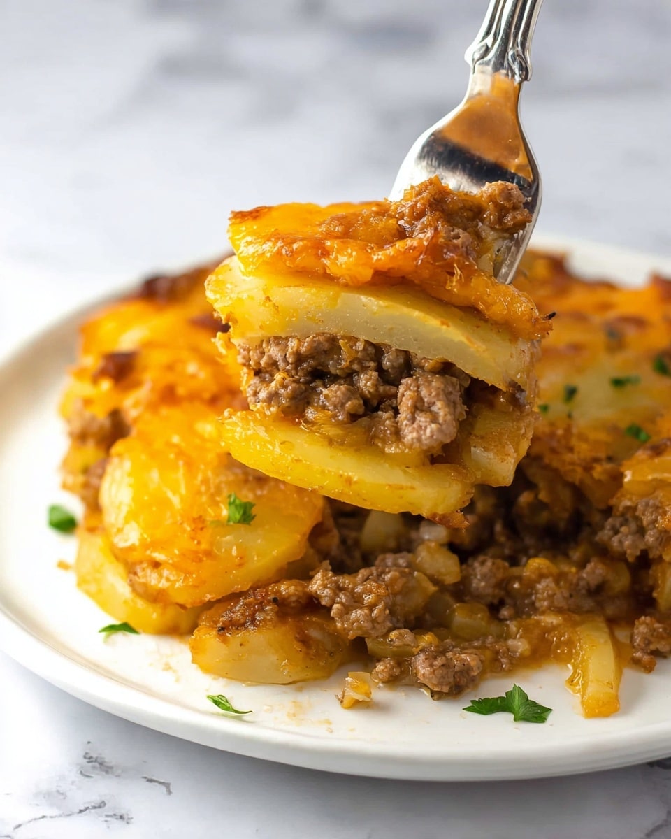 A close-up image shows a layered dish on a white plate placed on a white marbled surface. The dish has several layers, starting with slices of yellow pototoes at the bottom, followed by a layer of cooked ground beef, then melted orange cheese on top. A fork is lifting a piece showing three visible layers: a slice of potato, a thick layer of ground beef, and melted cheese with a slightly crispy texture. Some small green herbs are sprinkled on the plate's edge. The lighting is bright, highlighting the moist and rich texture of the dish. photo taken with an iphone --ar 4:5 --v 7