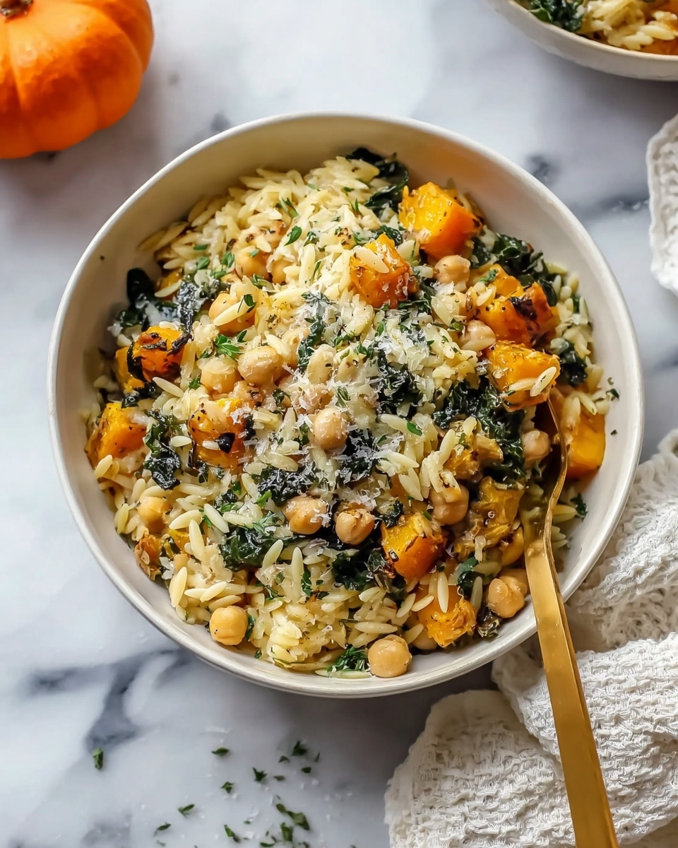 A white bowl filled with a mix of small yellowish orzo pasta, orange chunks of roasted squash, light beige chickpeas, and dark green wilted kale pieces, all topped with grated white cheese and small bits of chopped herbs. A golden spoon is placed inside the bowl on the right side, resting against the pasta mixture. The bowl sits on a white marbled surface with a white textured cloth nearby and an orange pumpkin partially visible in the upper left corner. photo taken with an iphone --ar 4:5 --v 7