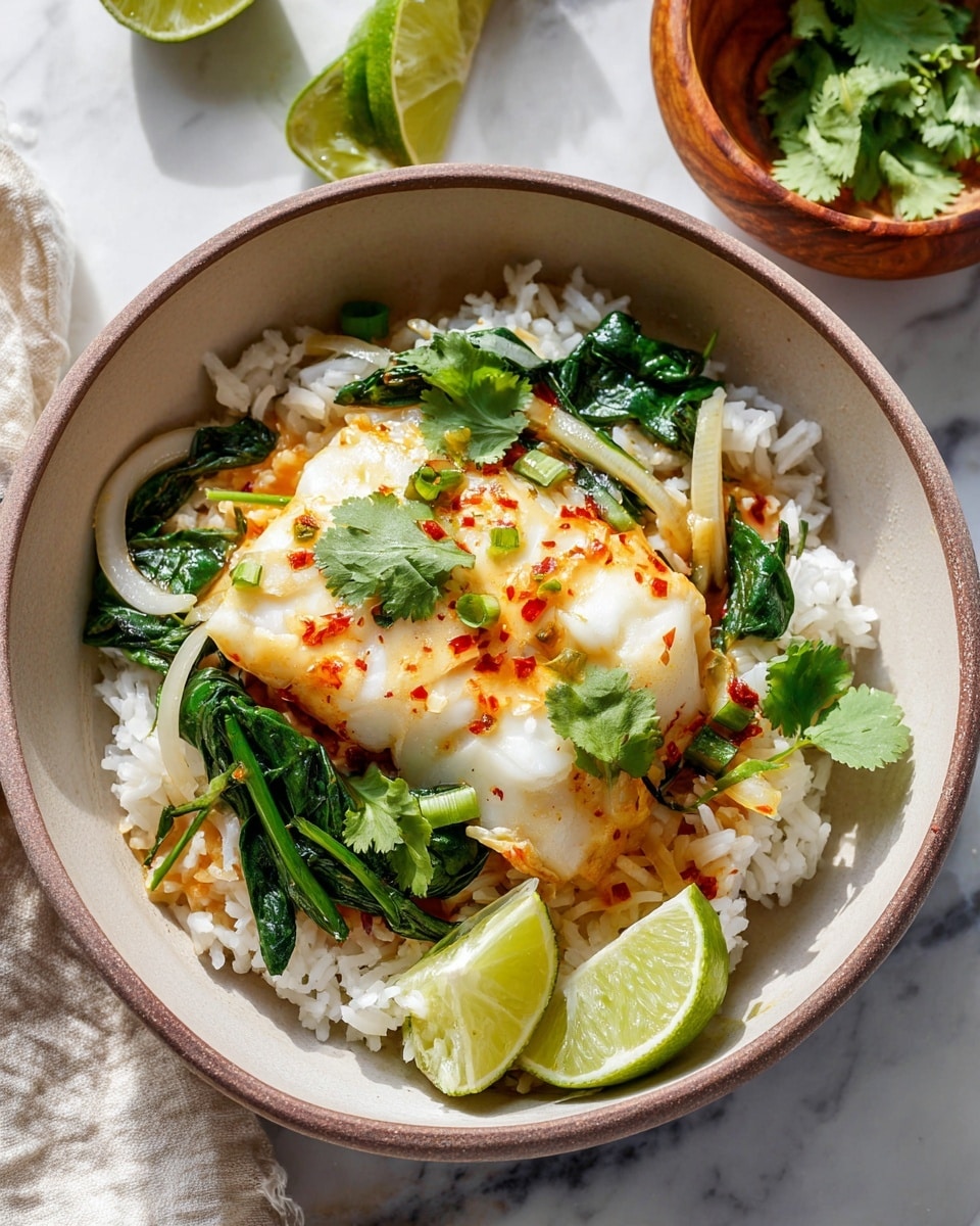 The image shows a creamy soup in a round metal pan with a light yellow base filled with soft white chunks that look like fish. The soup has green leaves and slices of light green onions scattered on top. Bright red chili oil dots add color contrast, with small dark red chili flakes sprinkled around. Fresh green cilantro leaves float across the surface. The pan is placed on a white marbled surface with a beige striped cloth under the handle, and there is a wooden bowl with two halved green limes visible at the top right corner. Photo taken with an iphone --ar 4:5 --v 7