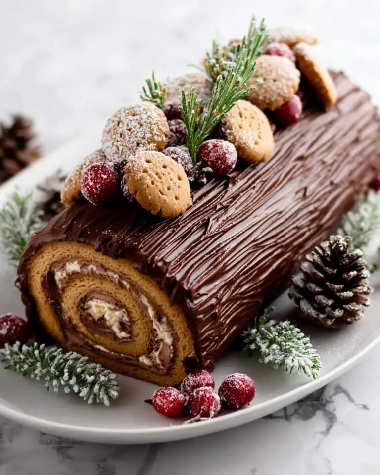 Chocolate Yule Log Cake with Sugared Cranberries, Rosemary, and Hazelnut Whipped Cream Recipe