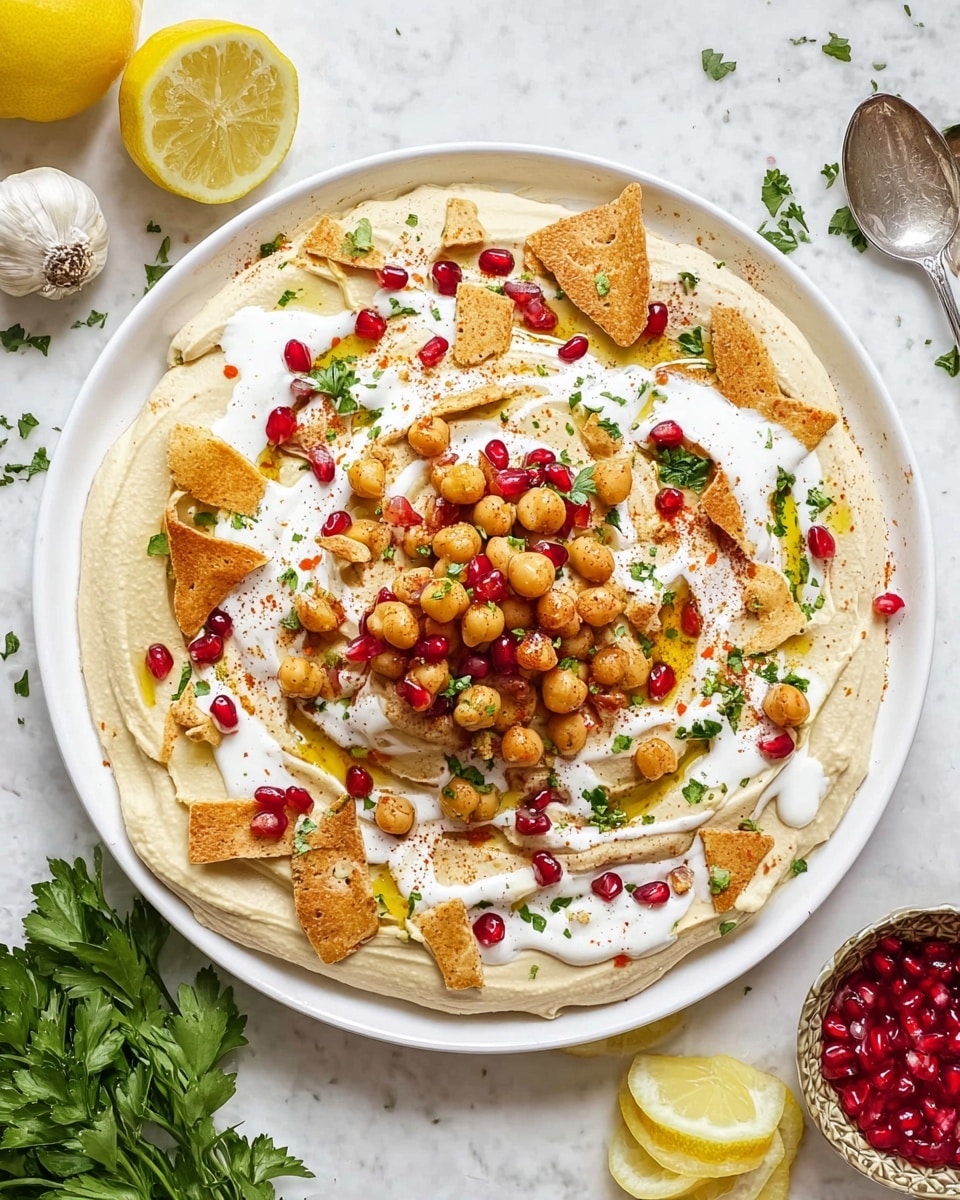 The dish shows three visible layers in a white bowl on a white marbled surface. The bottom layer is a smooth, thick spread of beige hummus with a drizzle of yellow olive oil and a sprinkle of deep red spice around the edge. On top of the hummus, there are golden brown crispy bread pieces, mixed with whole beige chickpeas scattered around. The top layer is a generous amount of creamy white sauce dotted with chopped green parsley, bright red pomegranate seeds, and light brown toasted pine nuts, adding color and texture contrast. The scene includes lemon slices on the sides and a silver spoon nearby. Photo taken with an iphone --ar 4:5 --v 7