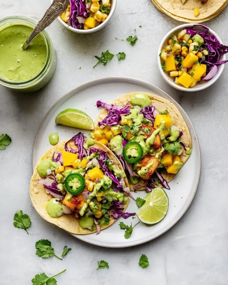 Chipotle Lime Salmon Tacos with Corn Avocado Peach Salsa and Cilantro Yogurt Sauce Recipe