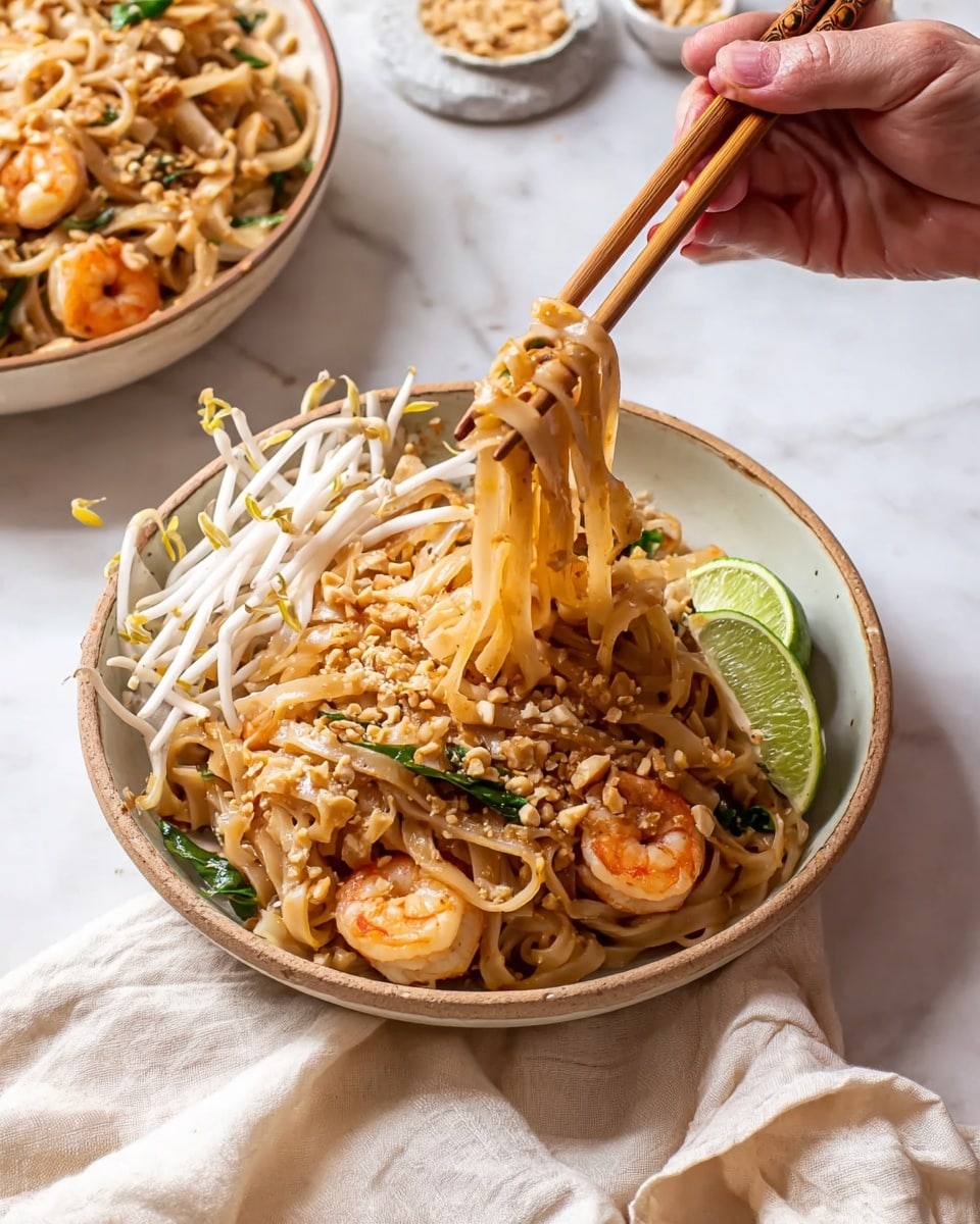 A bowl filled with a dish of flat noodles mixed with orange cooked shrimp, small green vegetable pieces, and crushed peanuts sprinkled on top. The noodles are glossy and light brown, lifted by a pair of chopsticks held by a woman's hand, showing the noodles’ soft, slippery texture. On one side of the bowl, there is a small pile of white bean sprouts and a lime wedge, adding fresh contrast. The bowl rests on a white marbled surface with a cream-colored cloth partially under it, with another similar bowl blurred in the background. Photo taken with an iphone --ar 4:5 --v 7