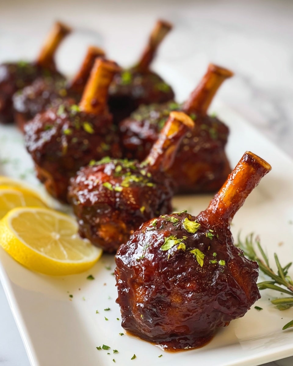 The image shows a white rectangular plate holding eight dark brown glazed drumsticks arranged in rows. Each drumstick features a thick sauce covering the meat with small green herb pieces sprinkled on top. The drumsticks have exposed bones sticking up, creating a vertical element. On the left side of the plate, there is a half lemon slice, and on the right side, a small white bowl with dark sauce is partially visible. The plate is set on a white marbled surface with soft lighting highlighting the shiny texture of the sauce. Photo taken with an iphone --ar 4:5 --v 7