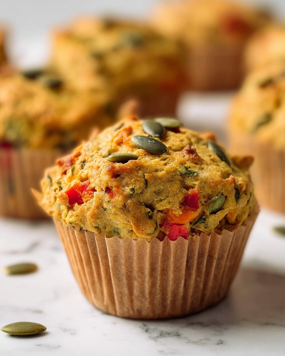 A close-up view of a single savory muffin with a rough, golden-brown top showing bits of green, red, and orange vegetables mixed throughout, including visible green pumpkin seeds on the surface. The muffin sits upright in a plain brown paper cup on a white marbled surface. The texture looks soft and crumbly with small air pockets, and the colorful vegetable pieces add patches of bright color across the muffin’s top and sides. Around the main muffin, several similar muffins are blurred in the background, giving depth to the scene. Photo taken with an iphone --ar 4:5 --v 7
